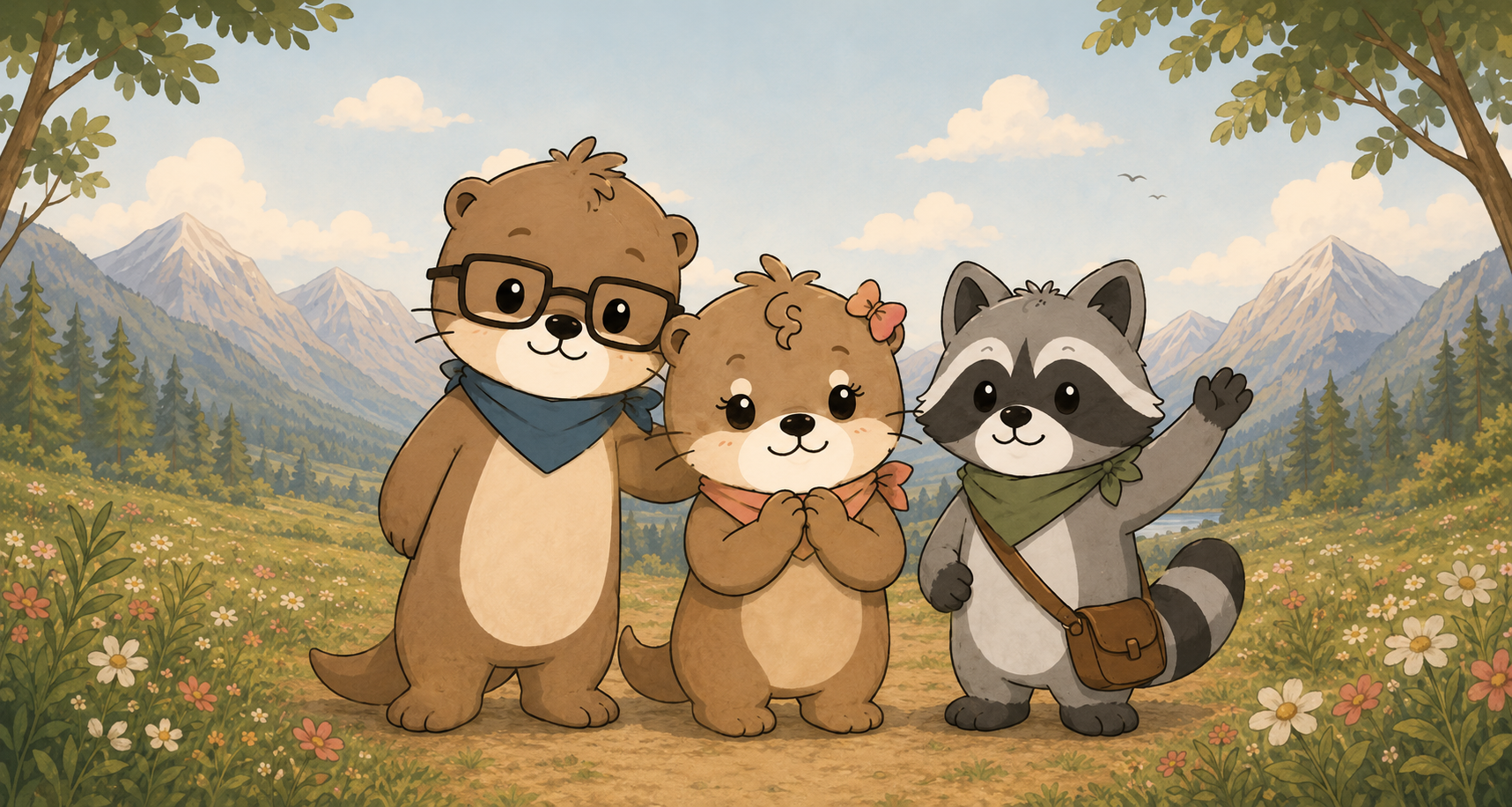 Cally, Fynn and Kiro exploring the world of Phaelory in a peaceful nature landscape